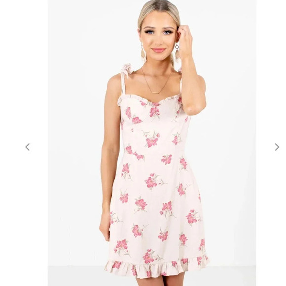 Storia Spring Fling Floral Ruffle Mini Dress Linen Rayon Size Medium - Picture 1 of 9